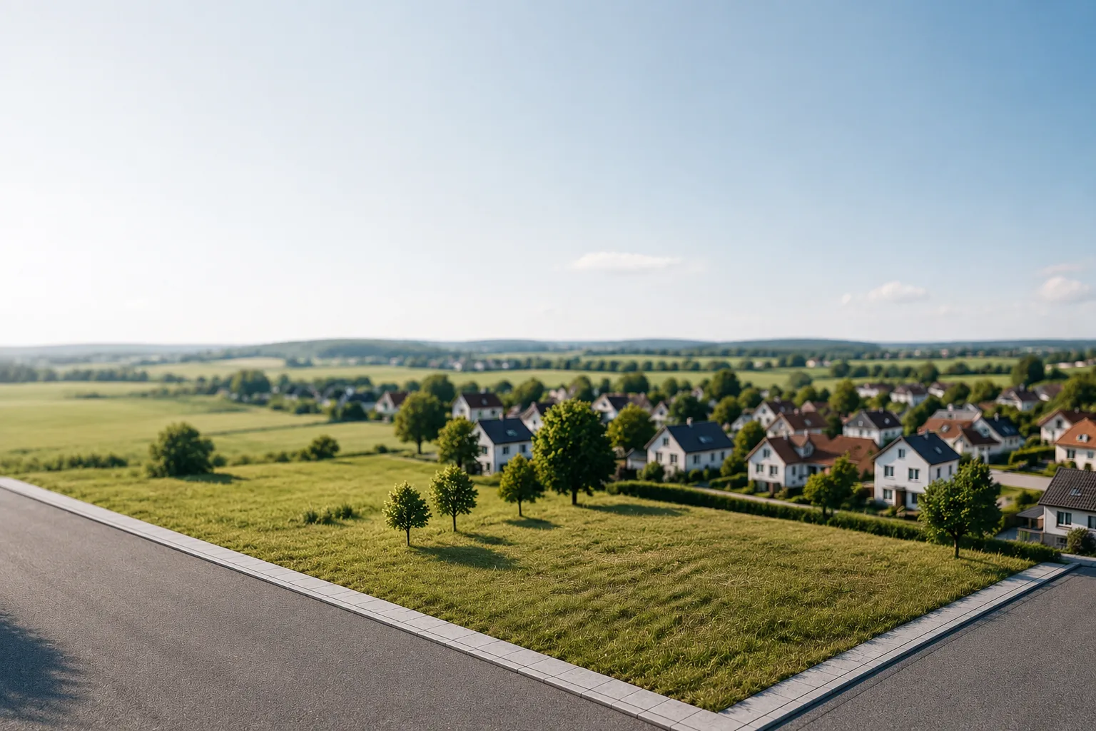 Freies, noch unbebautes Baugrundstück an einer Erschließungsstraße, dahinter ein Neubaugebiet mit Einfamilienhäusern