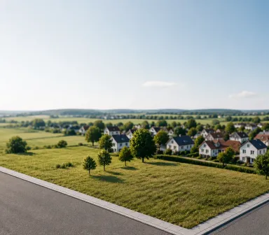 Freies, noch unbebautes Baugrundstück an einer Erschließungsstraße, dahinter ein Neubaugebiet mit Einfamilienhäusern