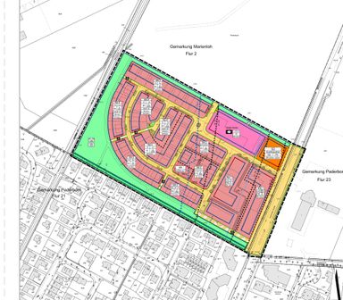 Ausschnitt aus dem Bebauungsplan „Winkelland" in Paderborn mit farbig markierten Baufeldern, Grün- und Verkehrsflächen