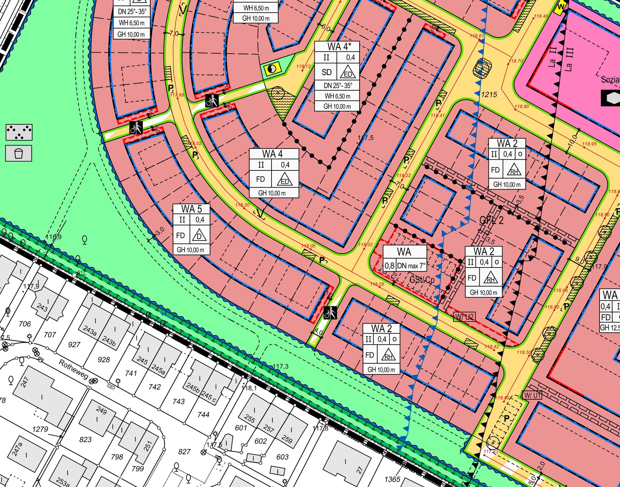 Baugrenzen im B-Plan Winkelland: blaue gestrichelte Linien umrahmen die Baufelder der einzelnen Grundstücke