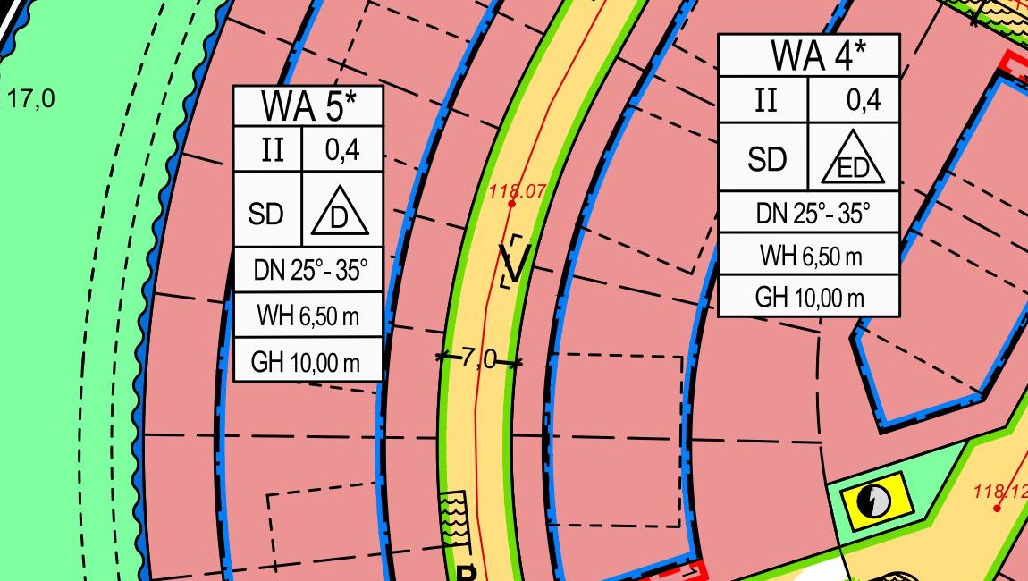 Nutzungsschablonen im B-Plan Winkelland: WA 5* und WA 4* mit Vollgeschossen, GRZ, Dachform, Dachneigung, Wandhöhe und Gebäudehöhe